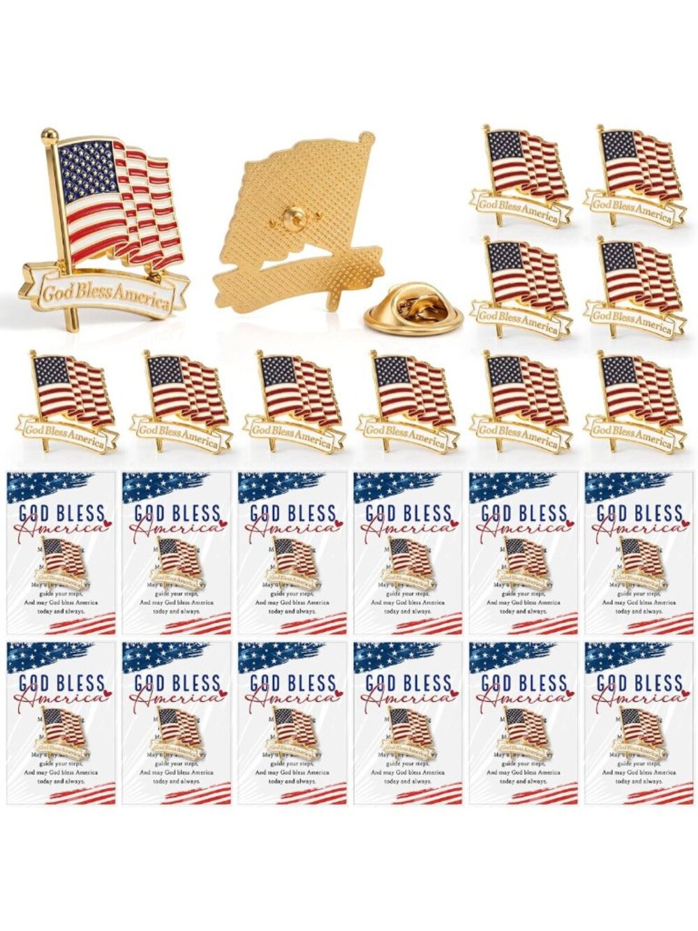 250 USA Patriotic Lapel Pins & Brooches with Religious Cards for 4th of July